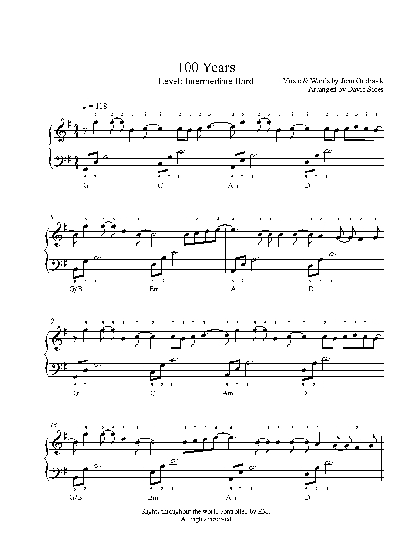 100 Years By Five For Fighting Piano Sheet Music Intermediate Level