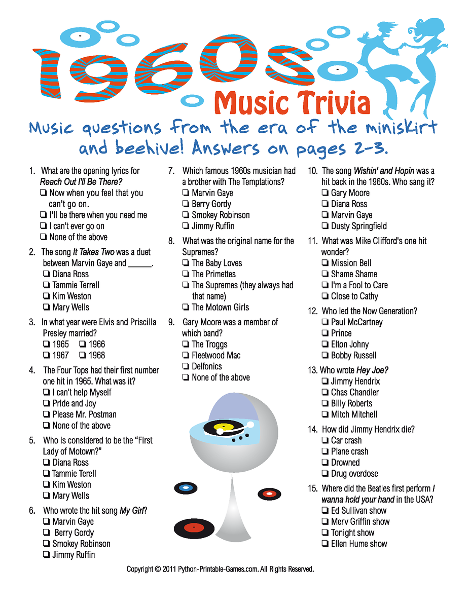 1960s Music Trivia Game 60th Birthday Game 60th Birthday Party 