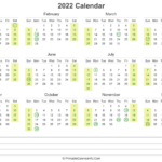 2022 Calendar With US Holidays And Notes Landscape Layout