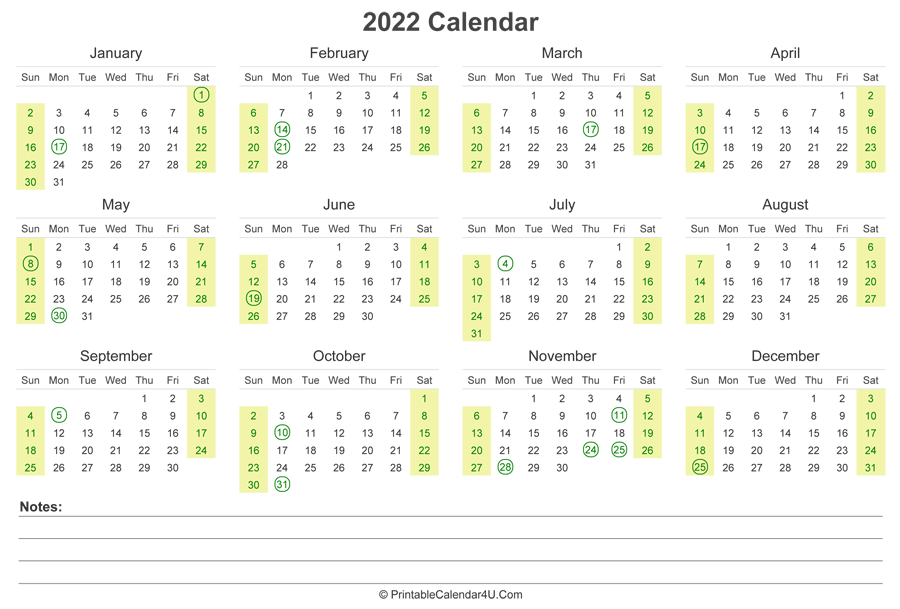 2022 Calendar With US Holidays And Notes Landscape Layout 