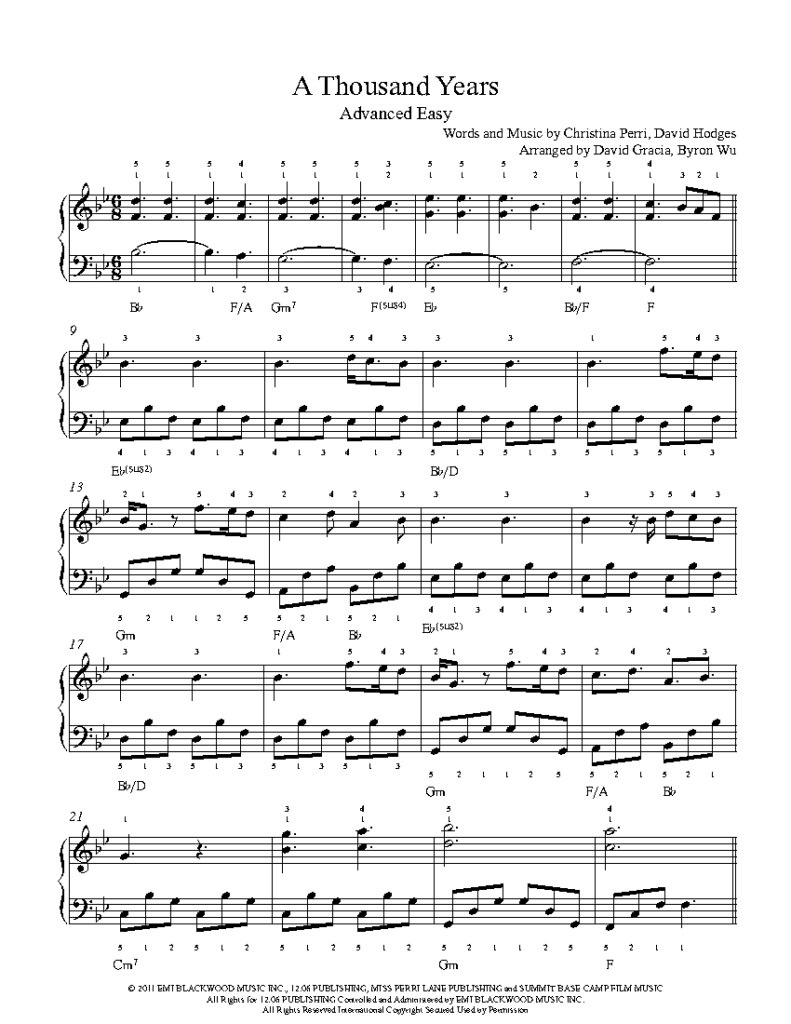 A Thousand Years By Christina Perri Piano Sheet Music Advanced Level