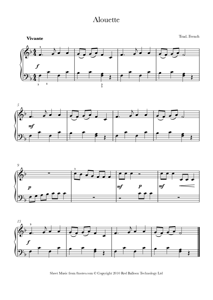 Alouette Sheet Music For Piano 8notes