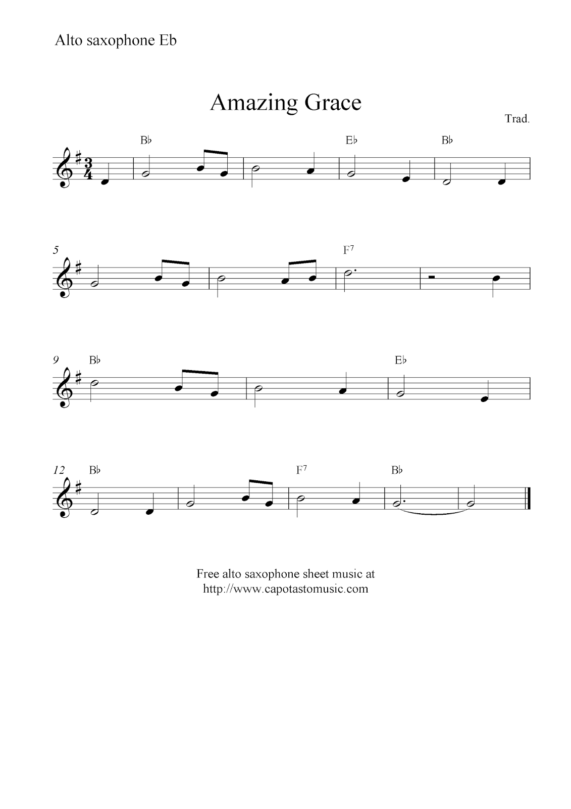 Amazing Grace Free Alto Saxophone Sheet Music Notes