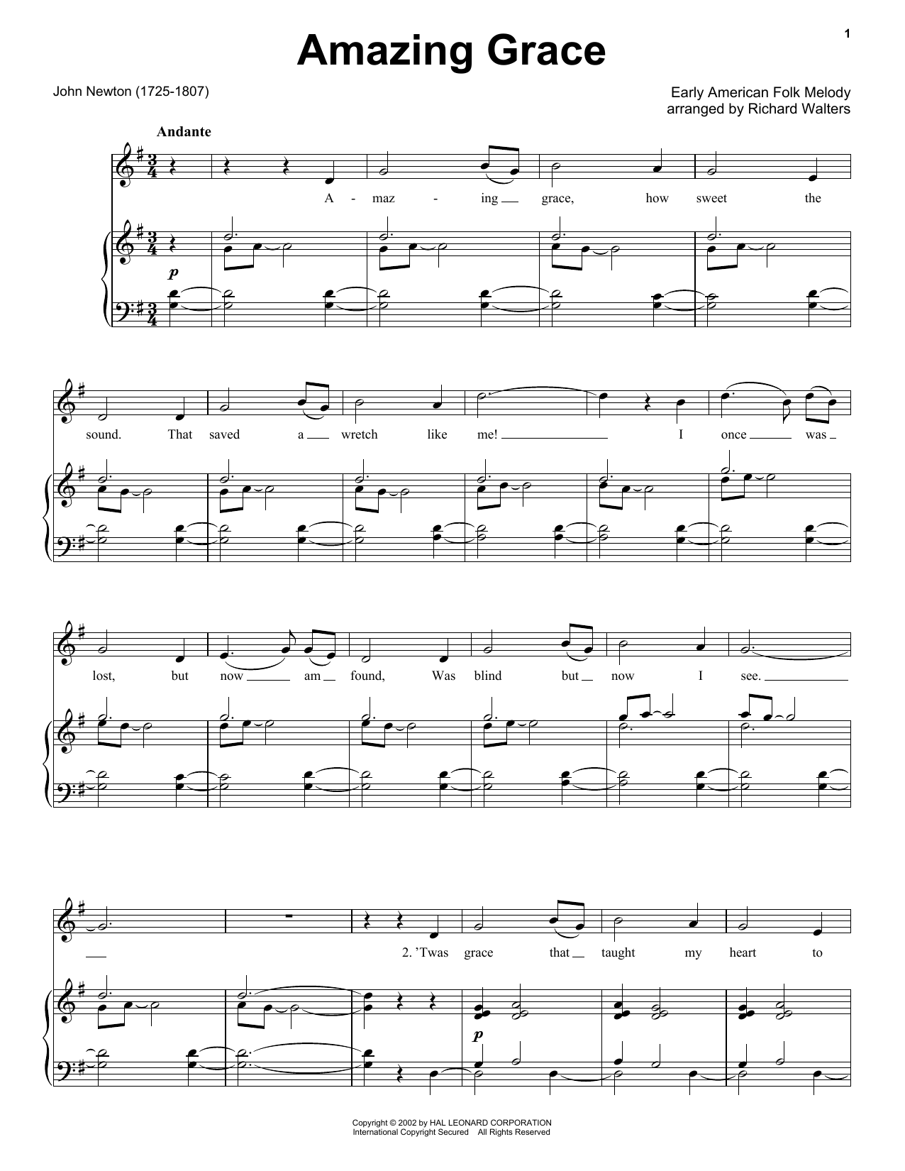 Amazing Grace Sheet Music John Newton Piano Vocal Guitar Right 