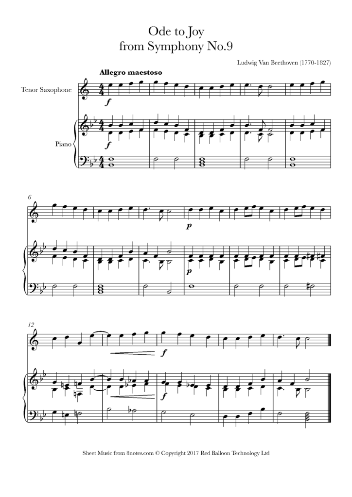 Beethoven Theme From Ode To Joy Sheet Music For Tenor Saxophone 