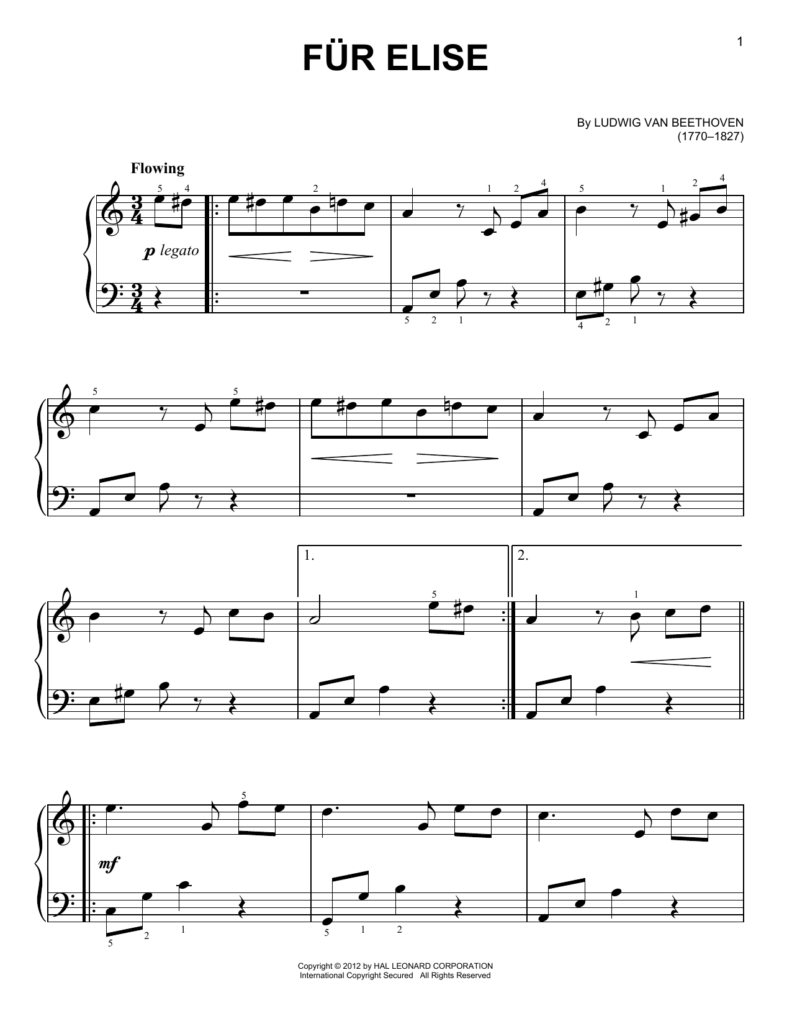 Beginner Fur Elise Ludwig Van Beethoven Easy Piano Sheet Music 