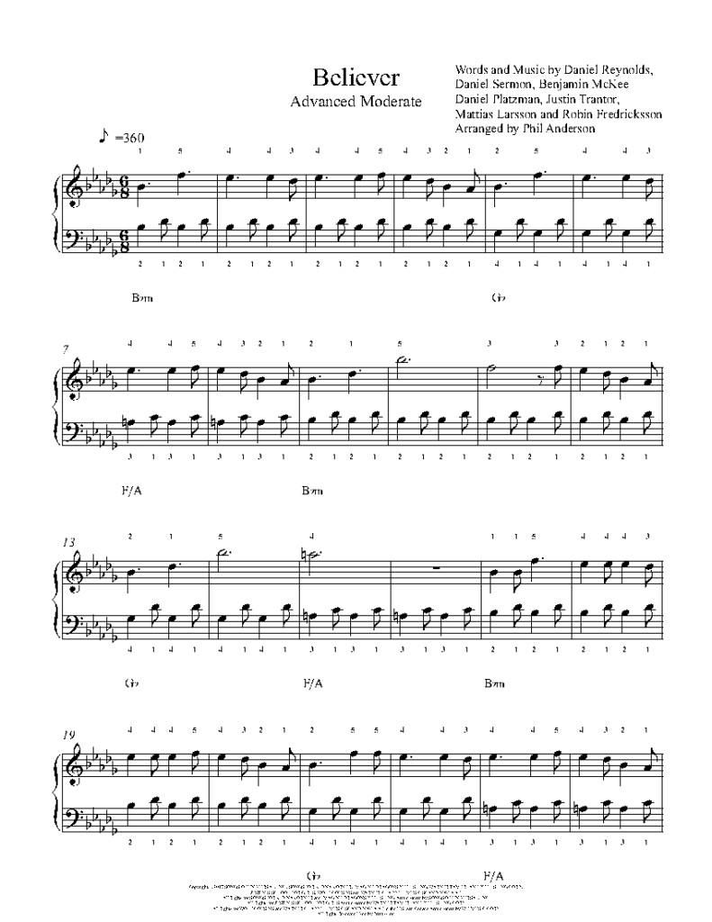 Believer By Imagine Dragons Piano Sheet Music Advanced Level