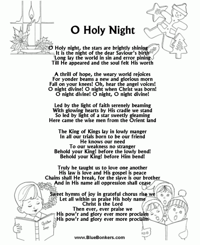 BlueBonkers O Holy Night Free Printable Christmas Carol Lyrics Sheets 