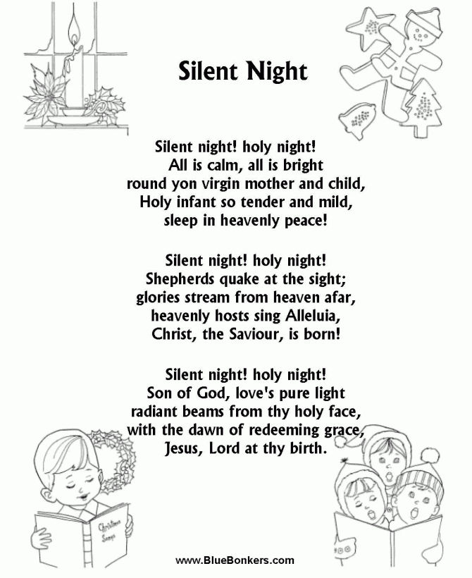 BlueBonkers Silent Night Free Printable Christmas Carol Lyrics