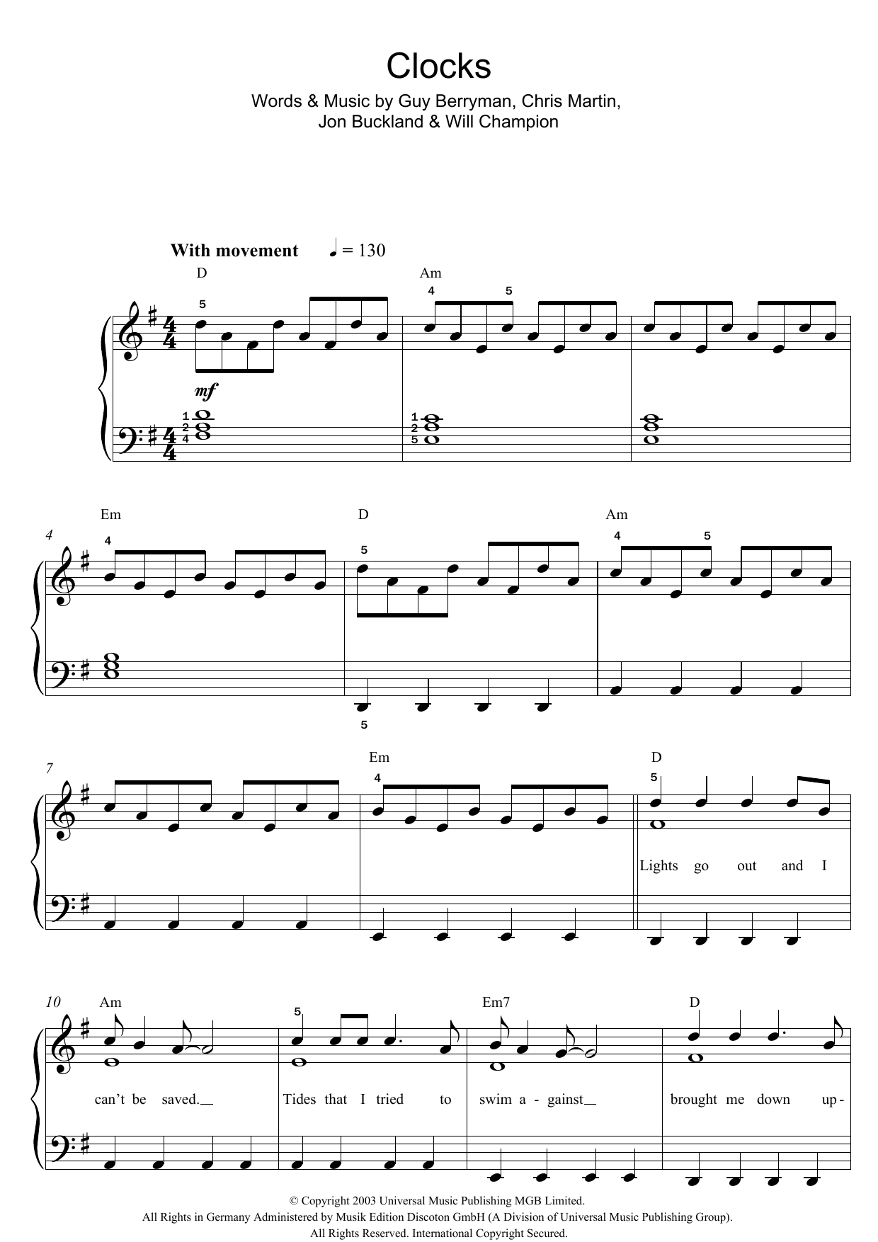 Clocks Sheet Music Direct