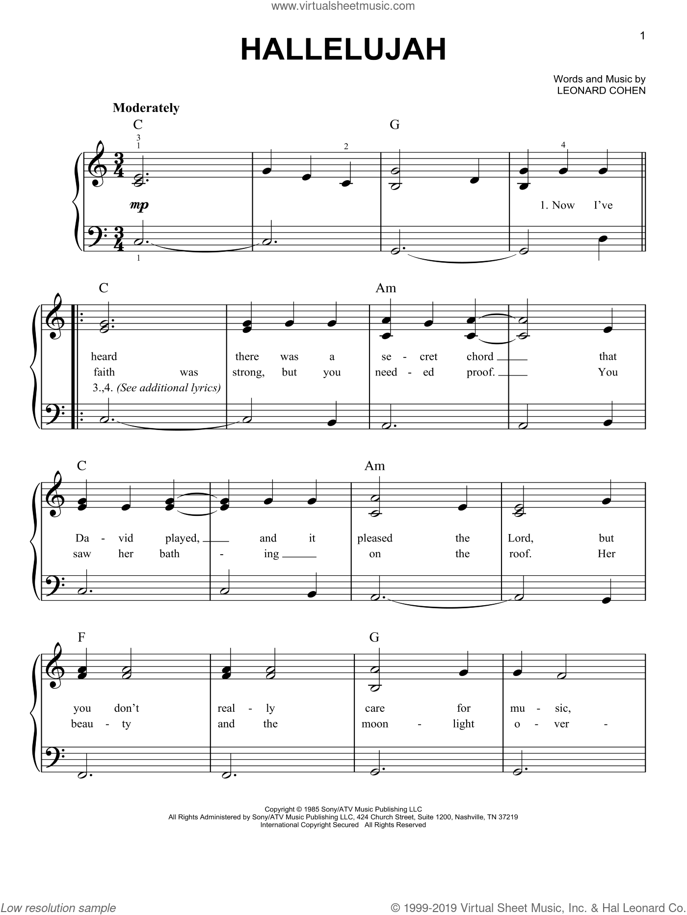 Cohen Hallelujah easy Sheet Music For Piano Solo PDF