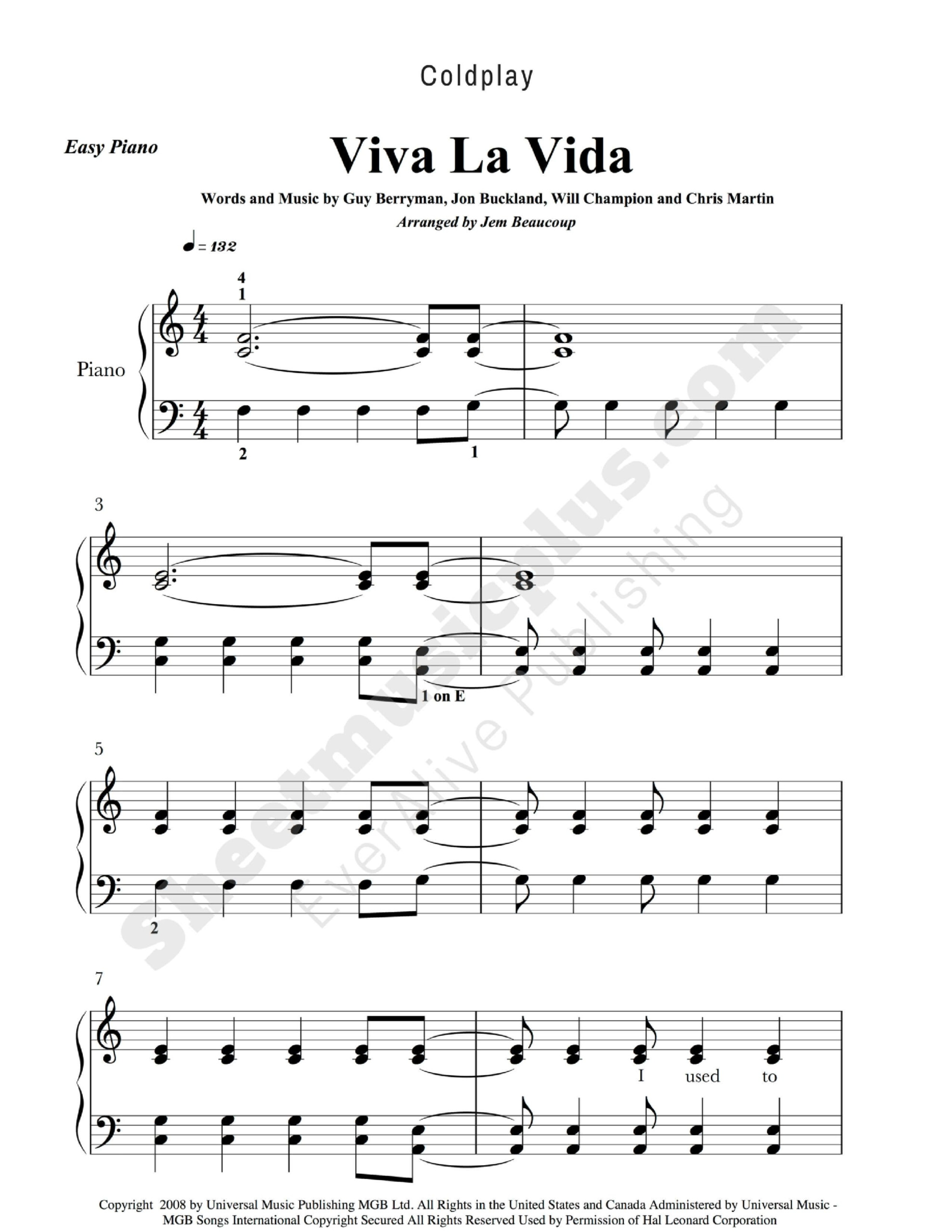 Coldplay Viva La Vida Easy Piano Music Download And Print coldplay 