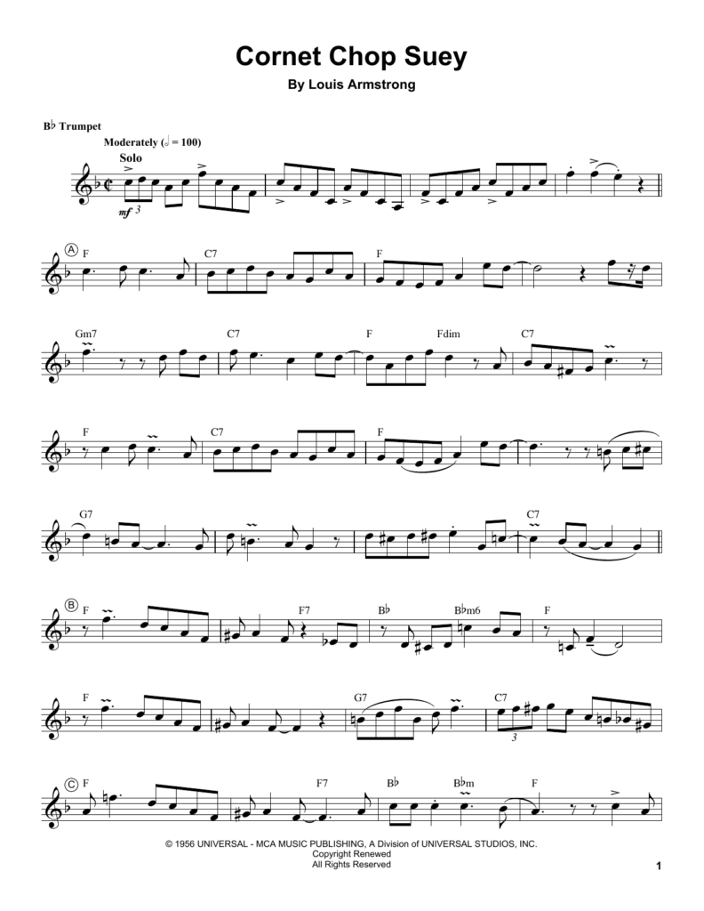 Cornet Chop Suey Sheet Music Louis Armstrong Trumpet Transcription