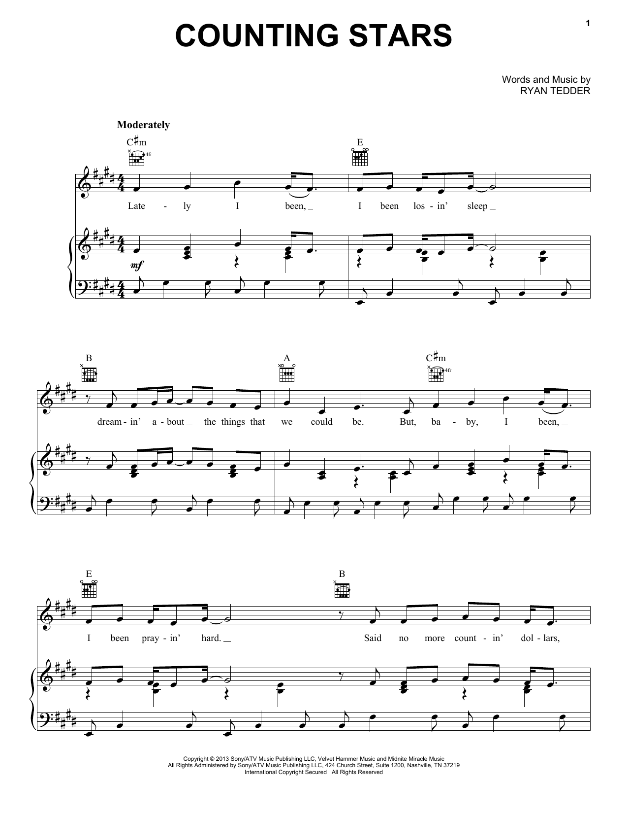 Counting Stars Sheet Music By OneRepublic Piano Vocal Guitar Right 