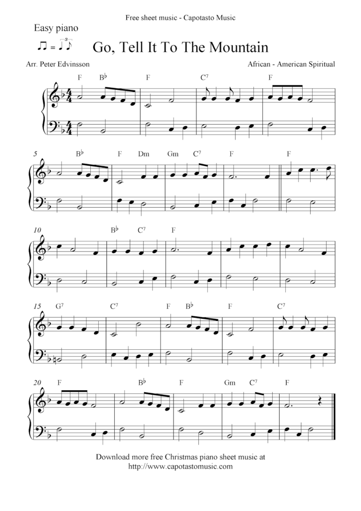 Easy Free Christmas Piano Sheet Music Notes Go Tell It To The Mountain