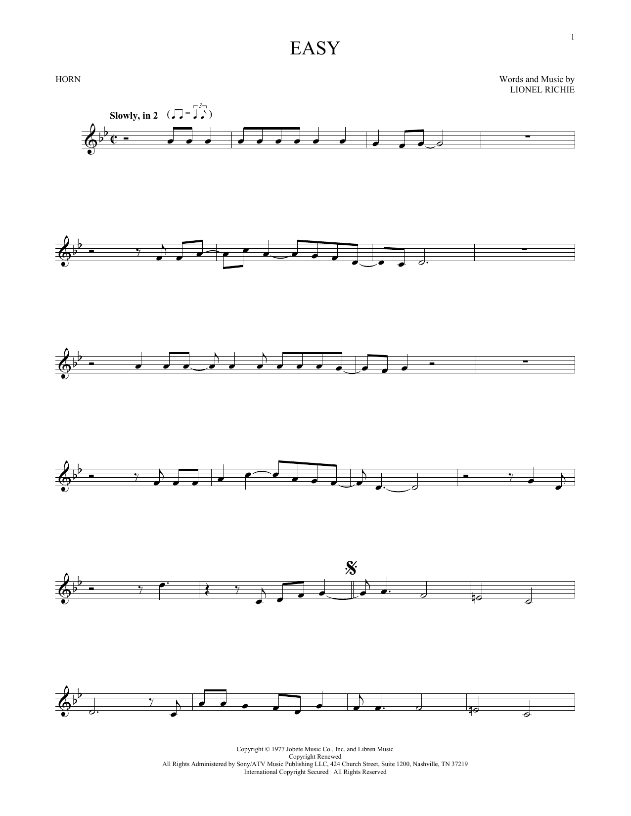 Easy French Horn Solo Print Sheet Music Now