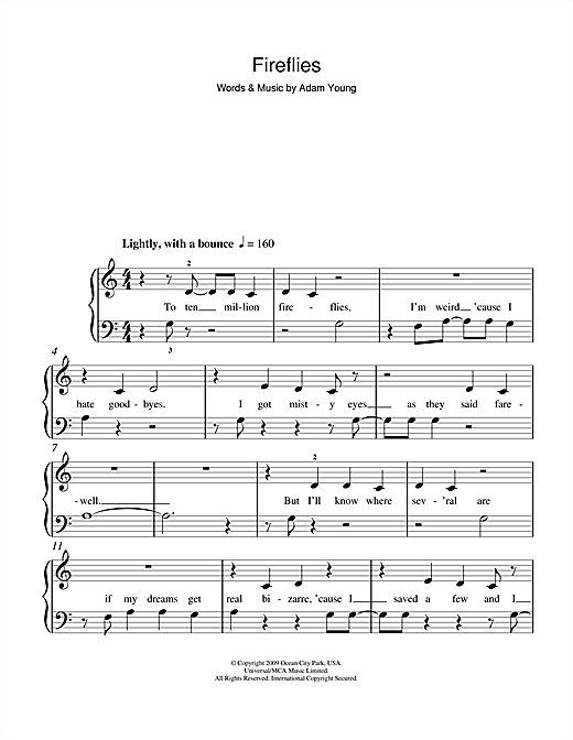 Fireflies Sheet Music By Owl City 5 Finger Piano 103207 