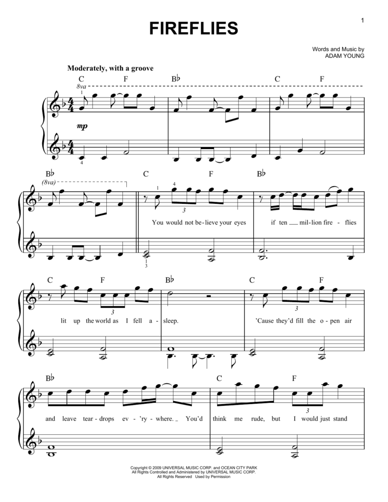 Fireflies Sheet Music By Owl City Easy Piano 74973 