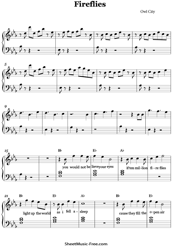 Fireflies Sheet Music Owl City SHEETMUSIC FREE COM