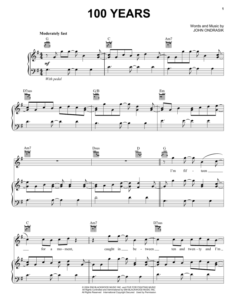 Five For Fighting 100 Years Piano Vocal Guitar Right Hand Melody 