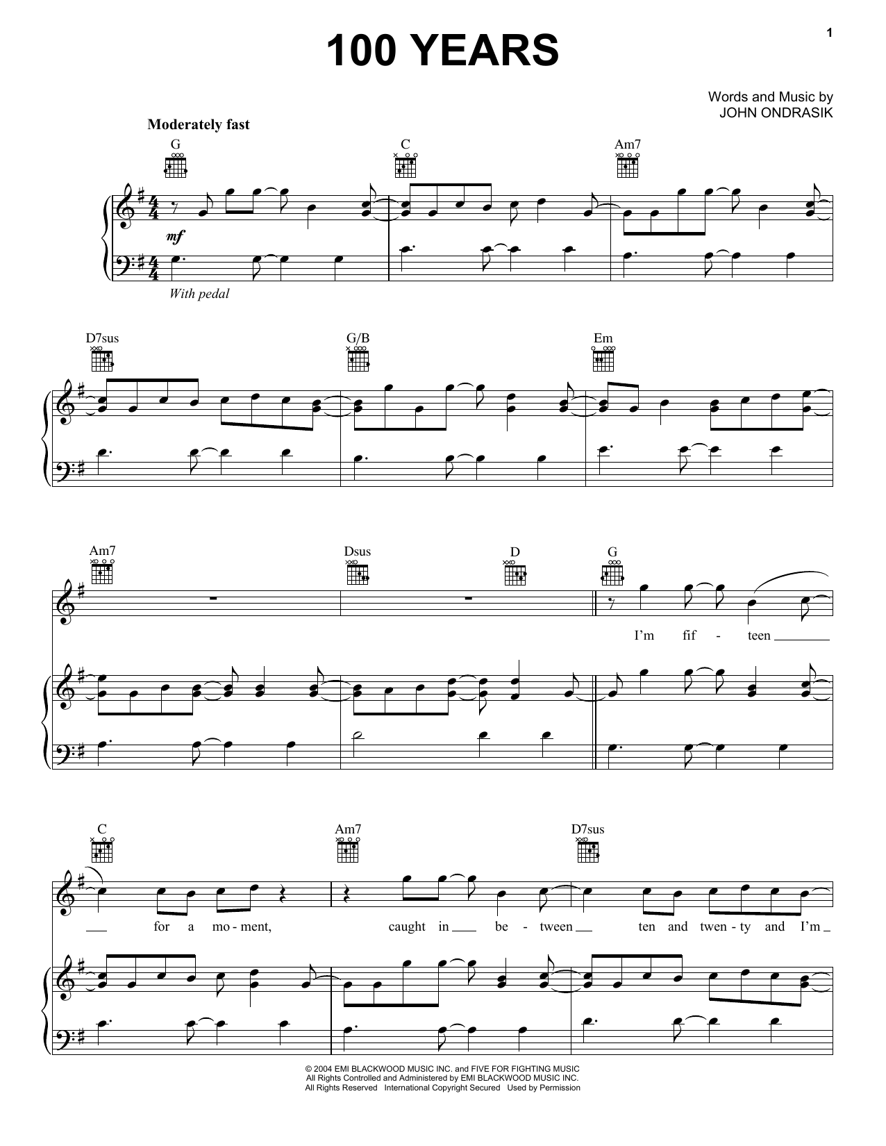 Five For Fighting 100 Years Piano Vocal Guitar Right Hand Melody