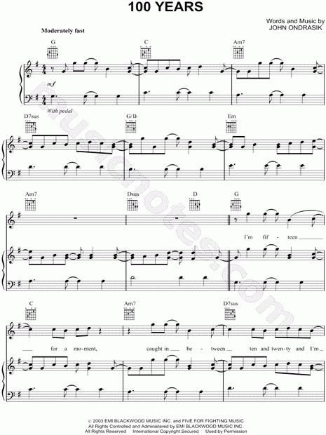 Five For Fighting 100 Years Sheet Music In G Major transposable 