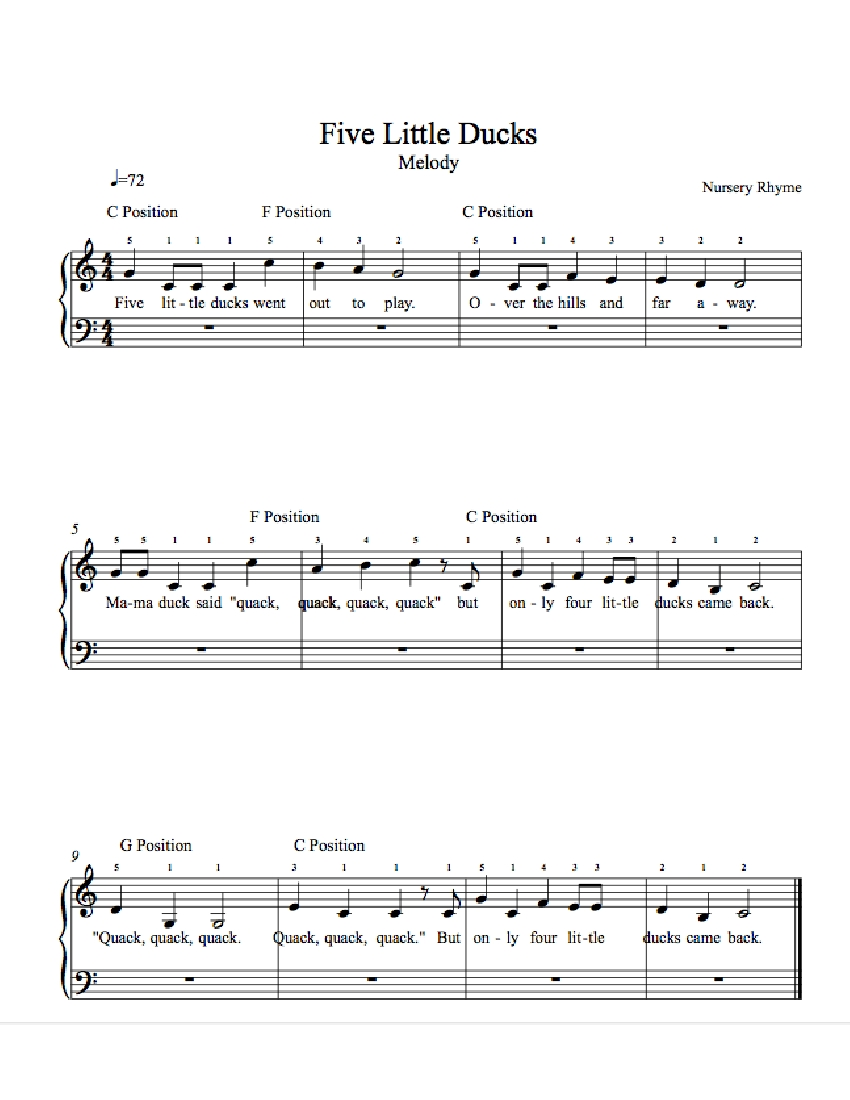 Five Little Ducks By Nursery Rhyme Piano Sheet Music Rookie Level