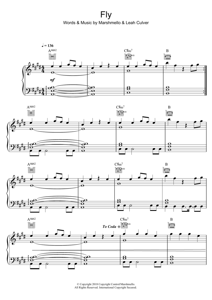 Fly featuring Leah Culver Sheet Music Marshmello Piano Vocal 