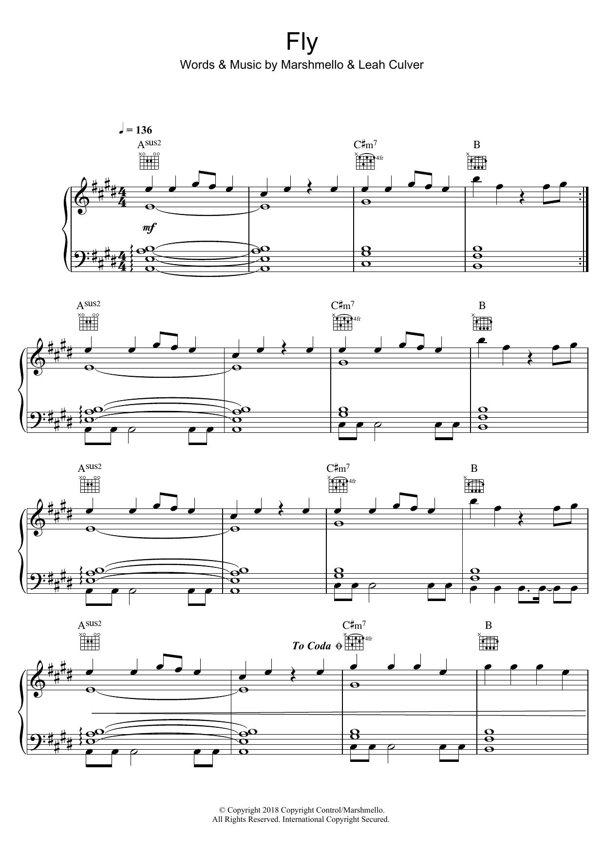 Fly featuring Leah Culver Sheet Music Marshmello Piano Vocal 