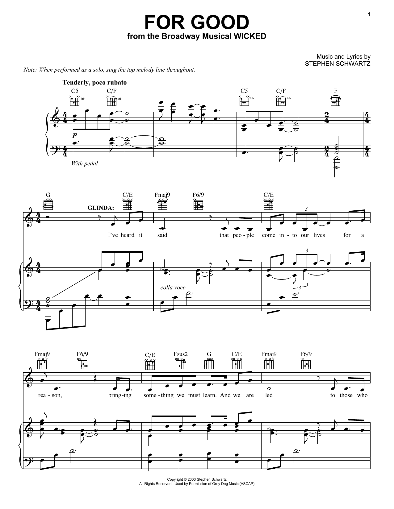 For Good from Wicked Sheet Music Stephen Schwartz Piano Vocal 