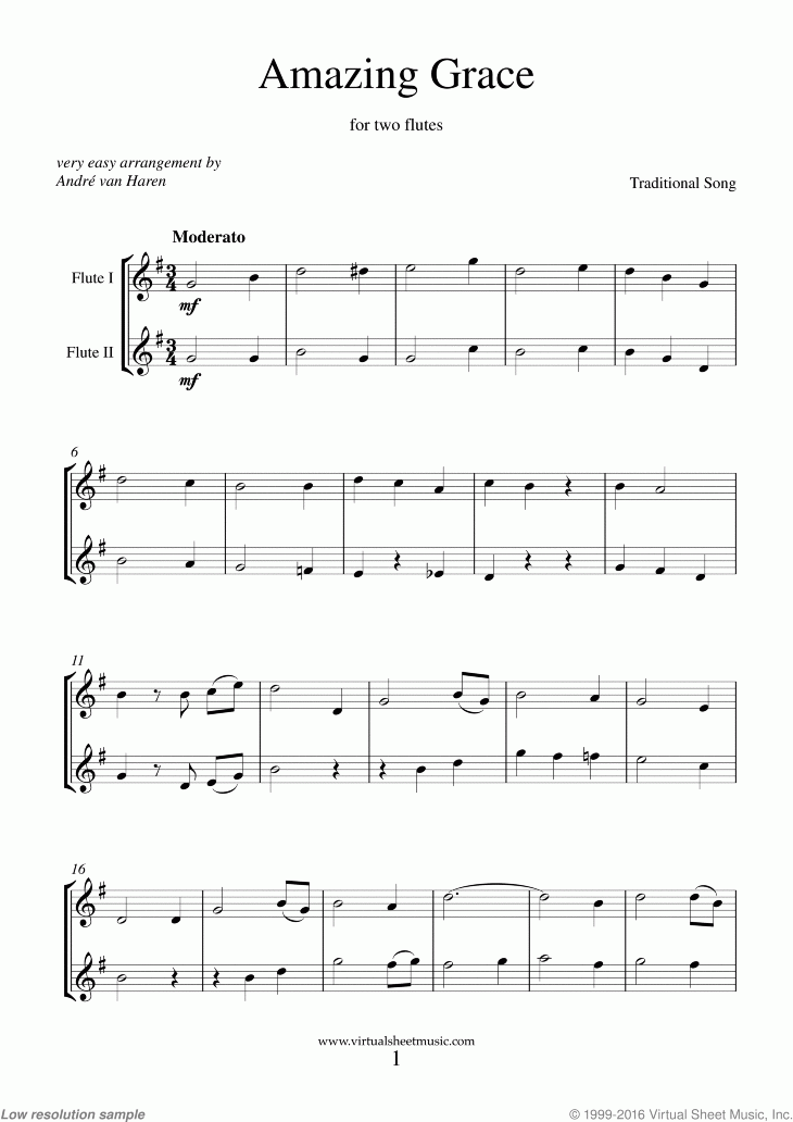 Free Amazing Grace for Beginners Sheet Music For Two Flutes