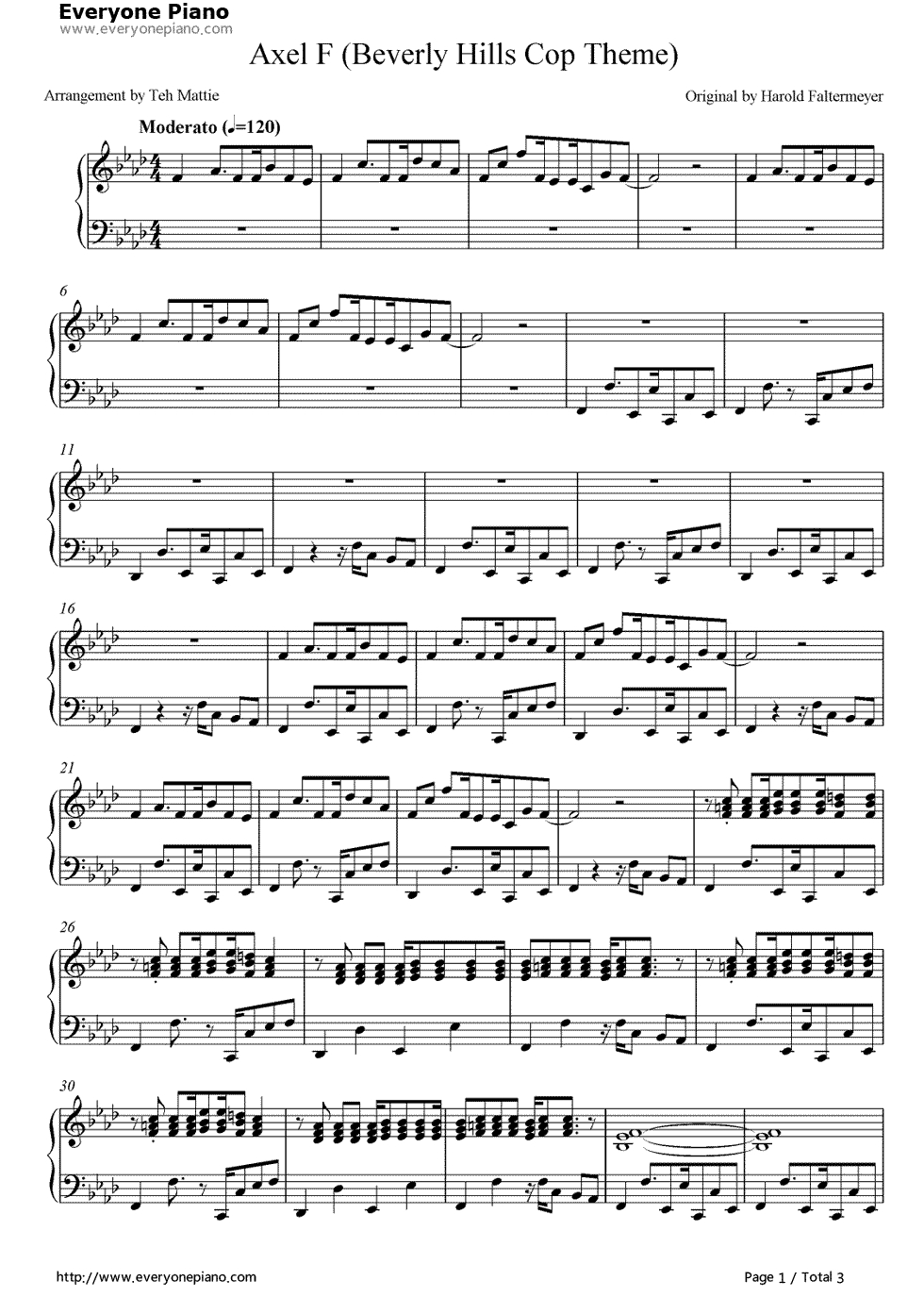 Free Axel F Beverly Hills Cop Sheet Music Preview 1 Piano Pinterest 