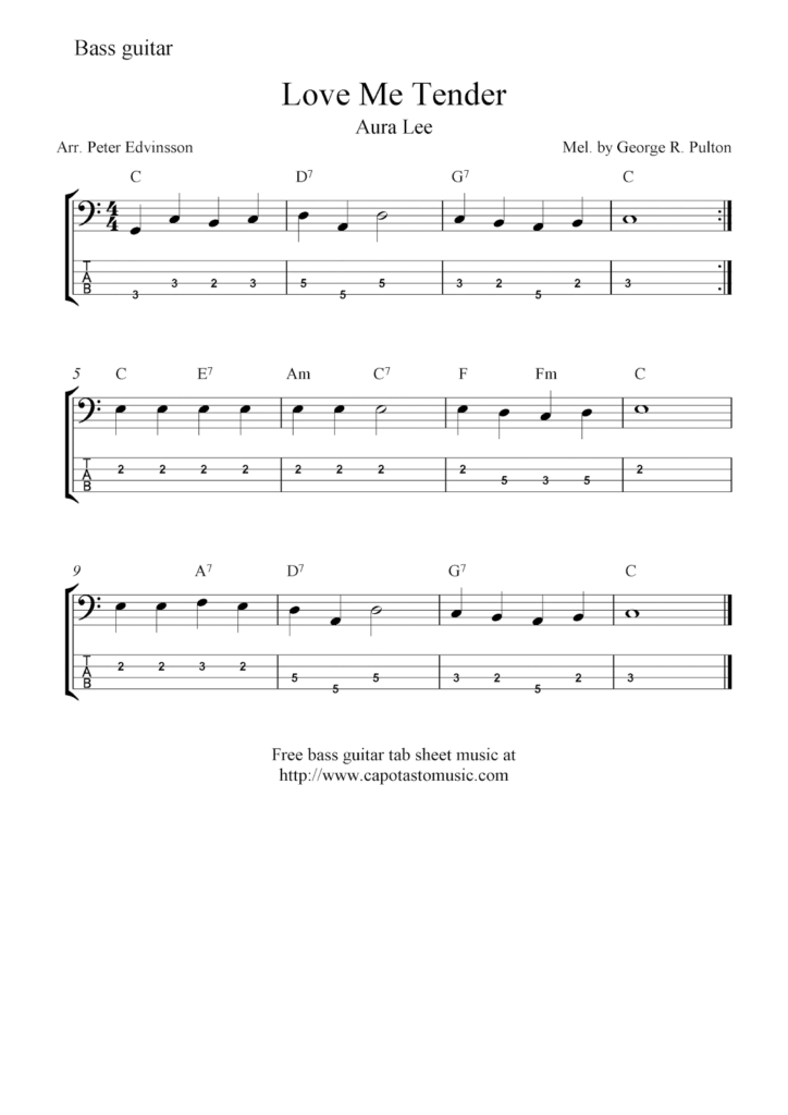 Free Bass Guitar Tab Sheet Music Love Me Tender Aura Lee 