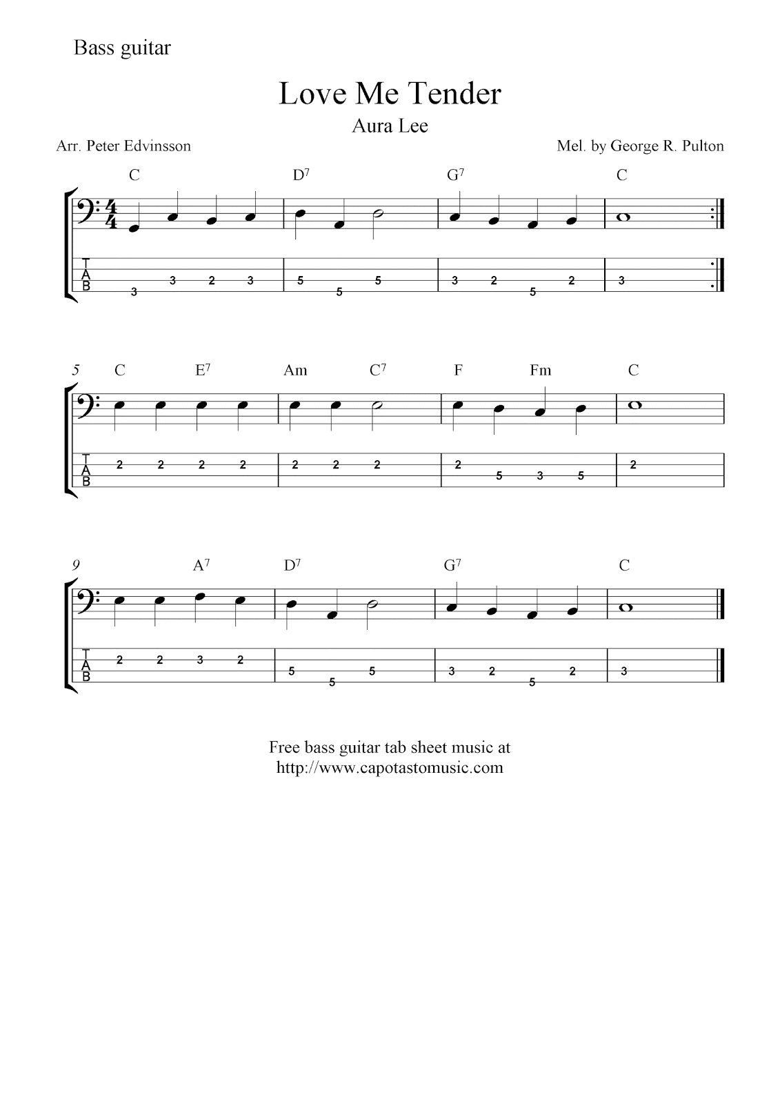 Free Bass Guitar Tab Sheet Music Love Me Tender Aura Lee 