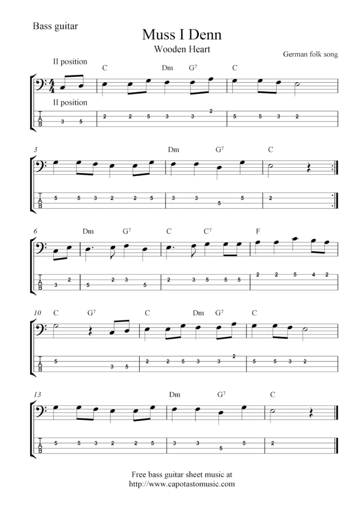 Free Bass Guitar Tab Sheet Music Muss I Denn Wooden Heart 