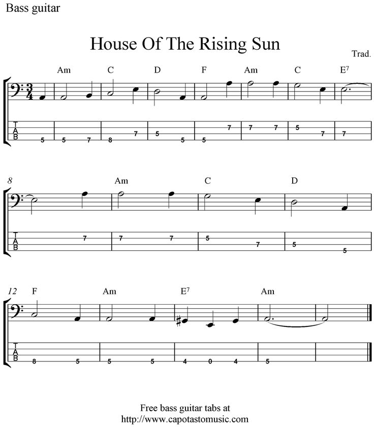 Free Bass Tab Sheet Music House Of The Rising Sun Guitar Sheet Music 