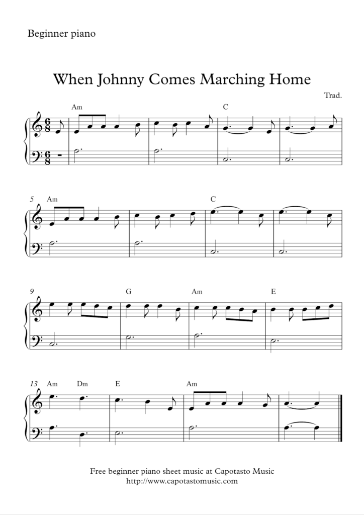 Free Easy Beginners Piano Sheet Music When Johnny Comes Marching Home