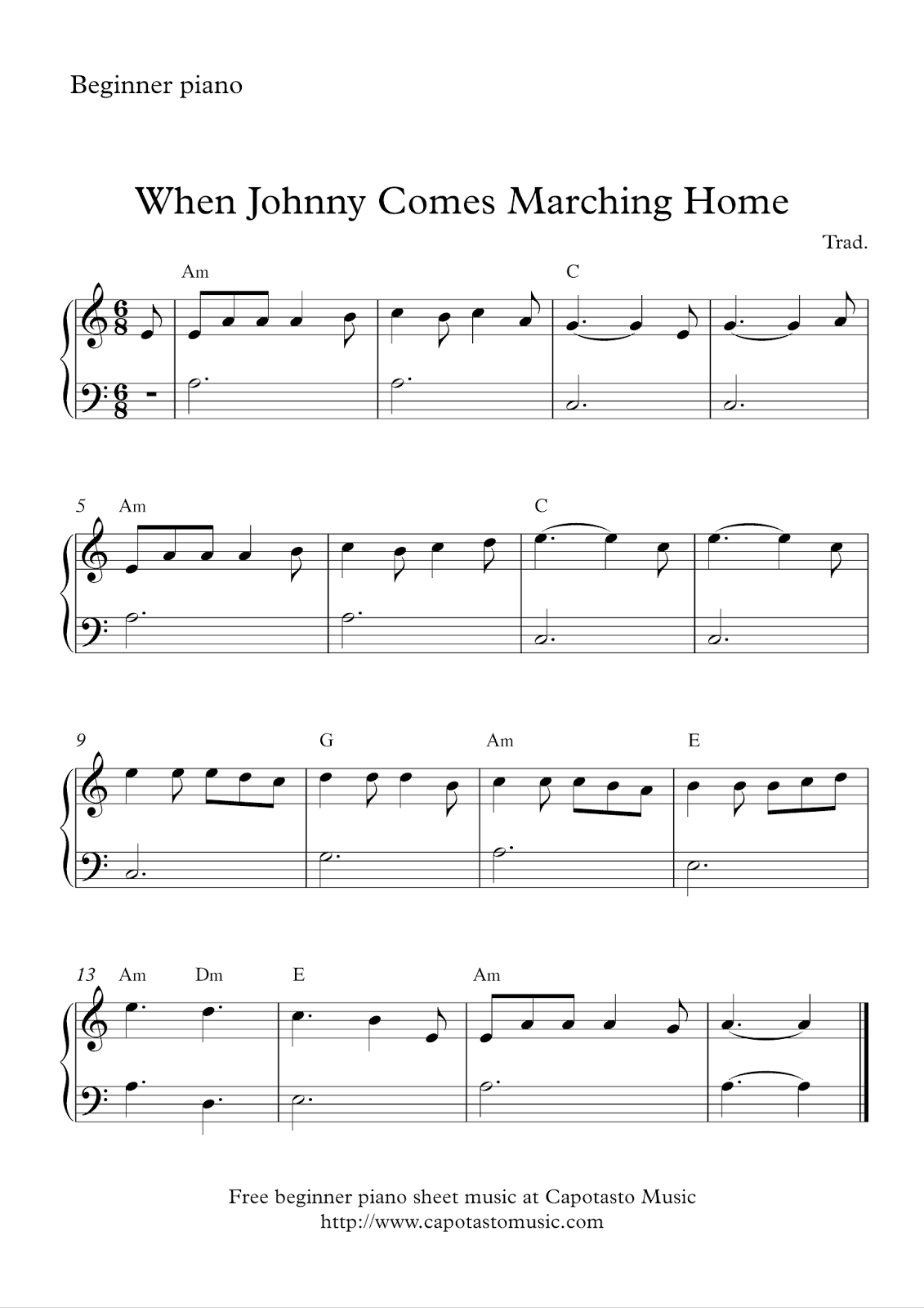 Free Easy Beginners Piano Sheet Music When Johnny Comes Marching Home