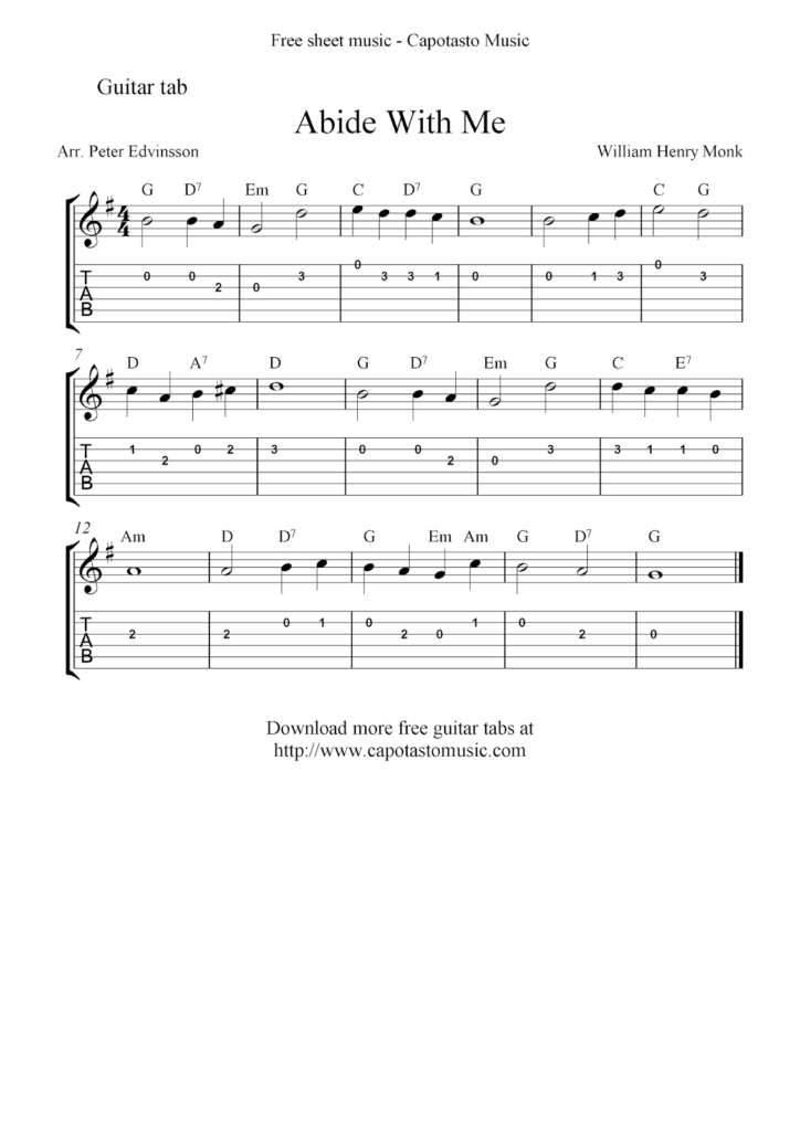 Free Easy Guitar Tab Sheet Music Notes The Christian Hymn Abide With Me