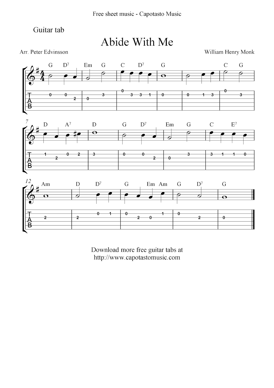 Free Easy Guitar Tab Sheet Music Notes The Christian Hymn Abide With Me