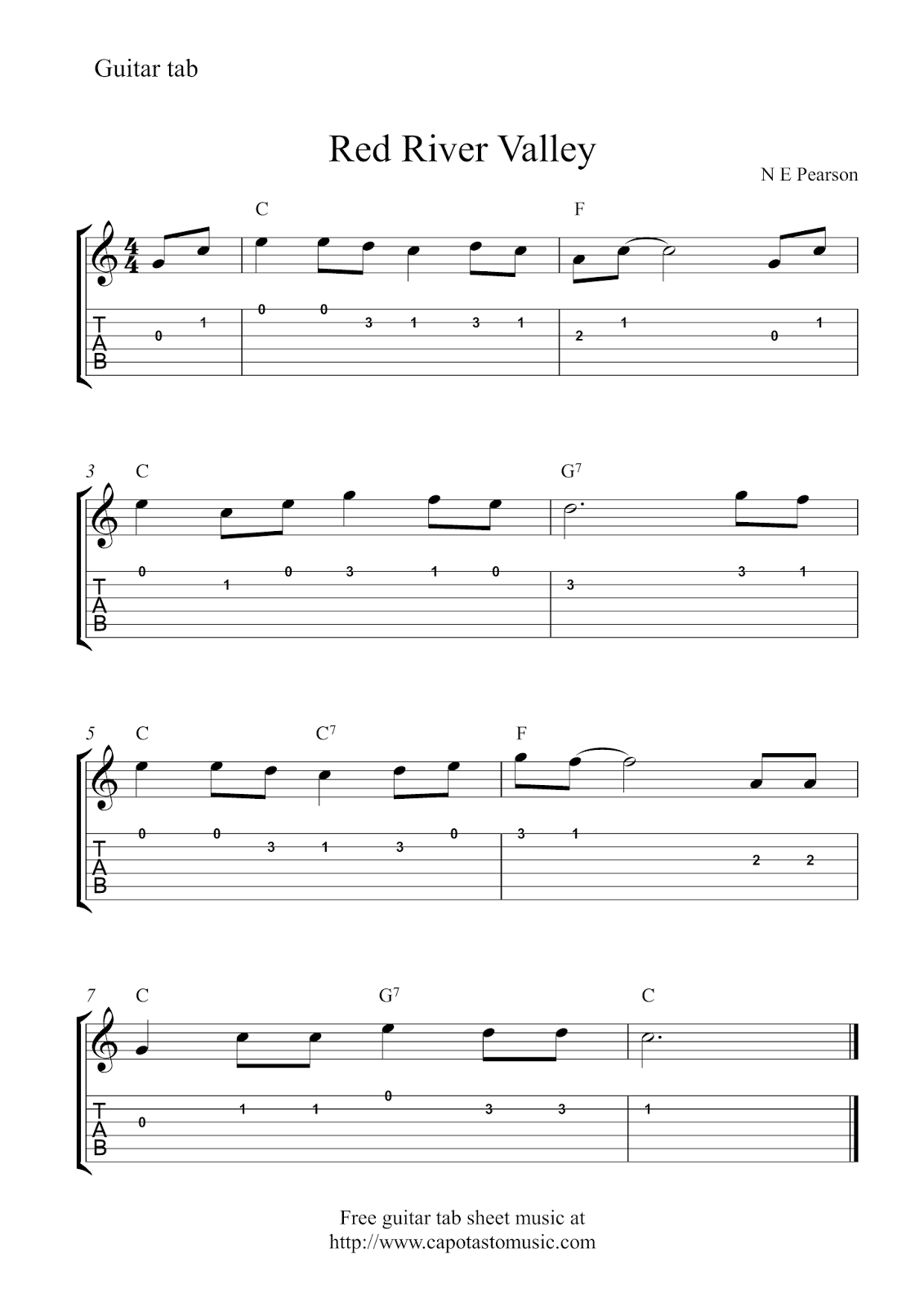 Free Easy Guitar Tab Sheet Music Red River Valley