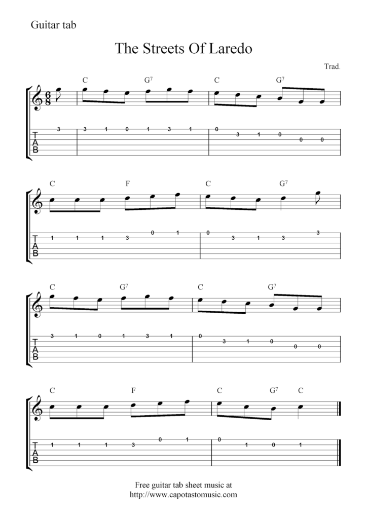 Free Easy Guitar Tabs Sheet Music Score The Streets Of Laredo