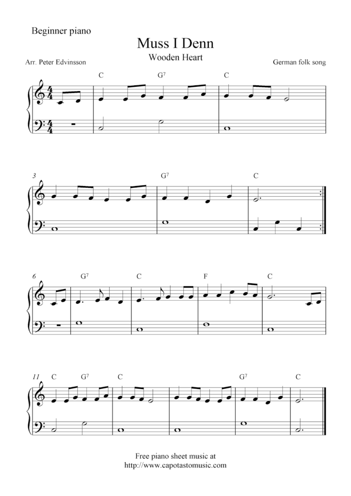 Free Easy Piano Sheet Music For Beginners Muss I Denn Wooden Heart 