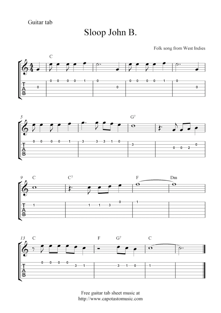 Free Guitar Tablature Sheet Music Notes Sloop John B 