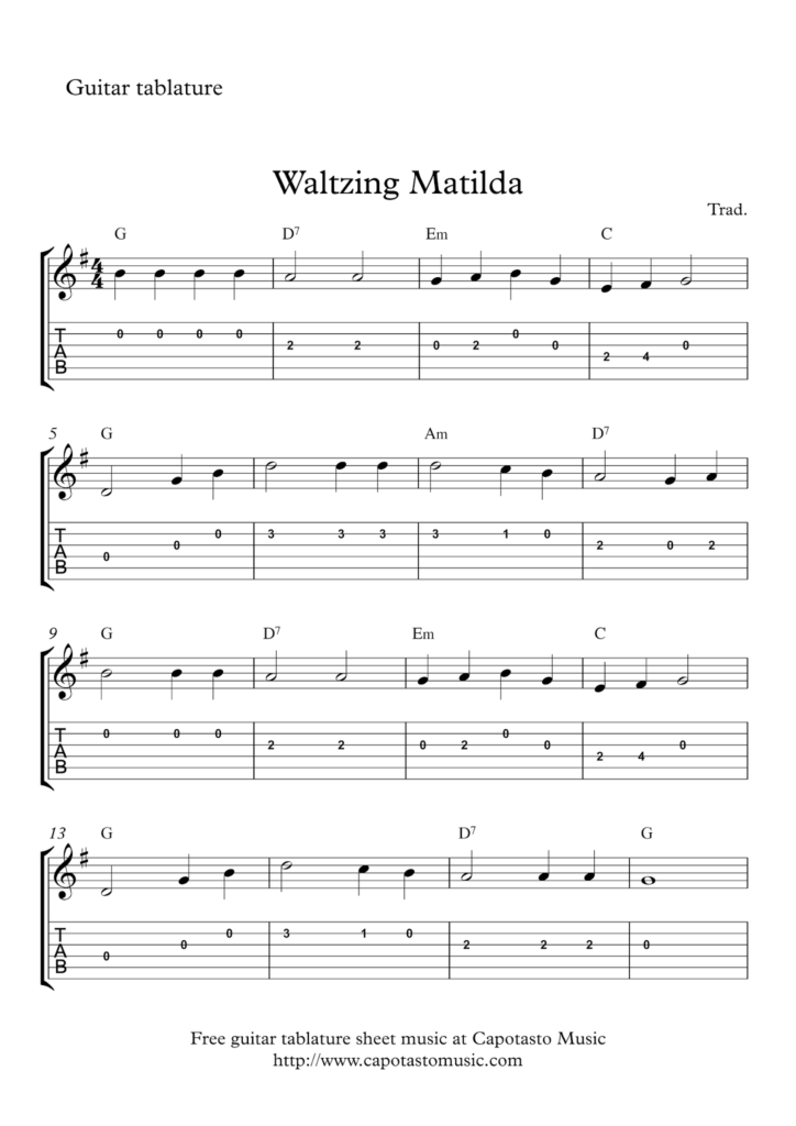 Free Guitar Tablature Sheet Music Waltzing Matilda