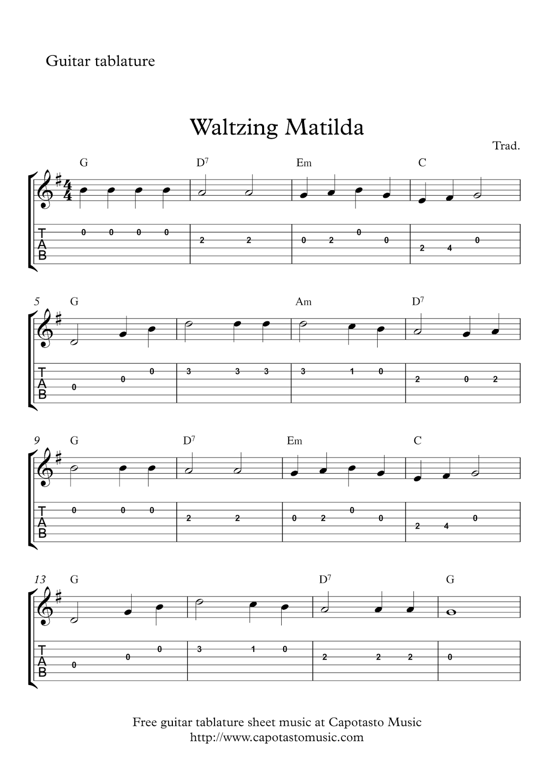 Free Guitar Tablature Sheet Music Waltzing Matilda