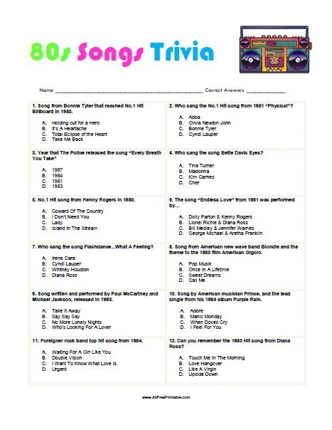 Free Printable 80s Songs Trivia 80s Songs Fun Trivia Questions