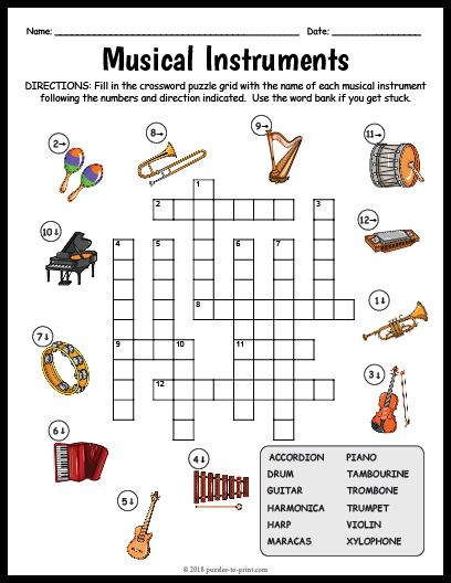 Free Printable Musical Instruments Crossword Music Instruments Kids 