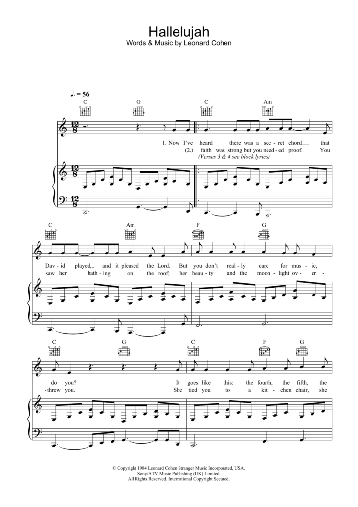 Free Printable Piano Sheet Music For Hallelujah By Leonard Cohen Free 