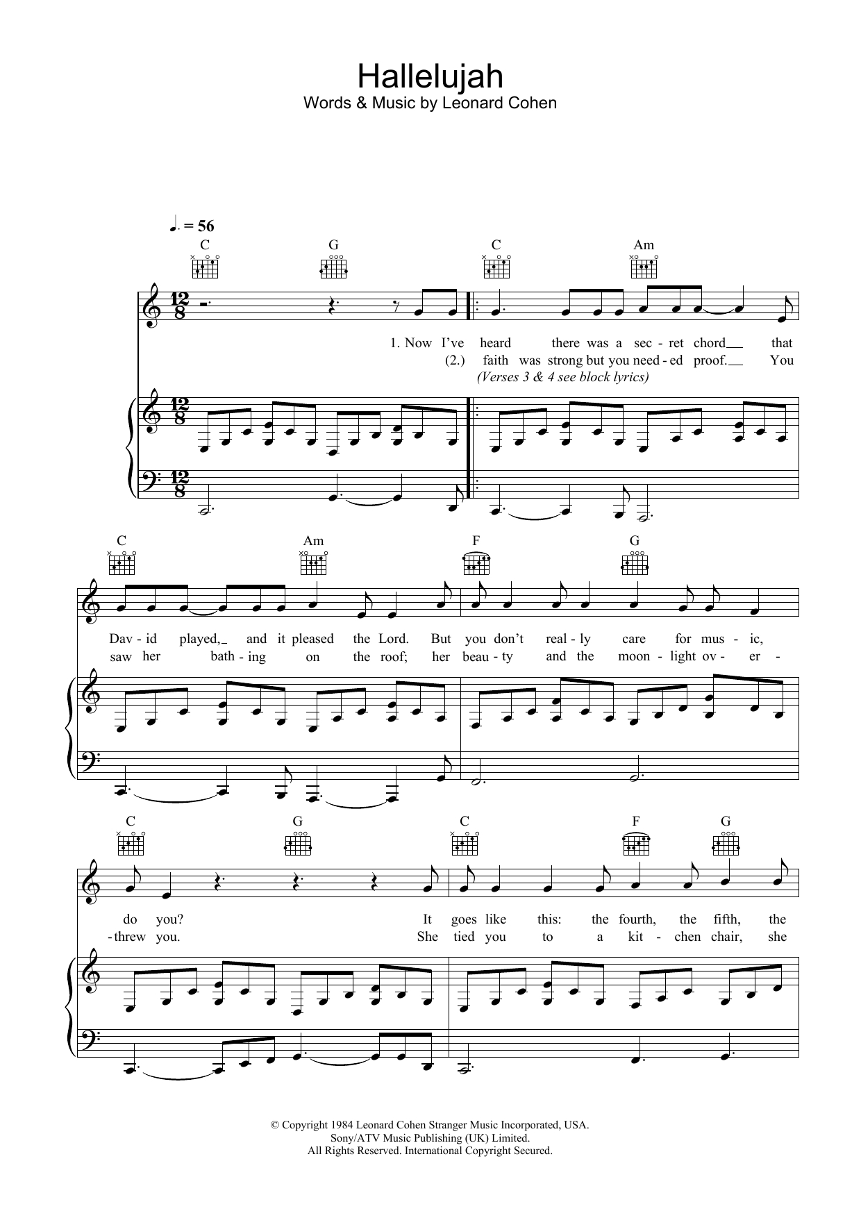 Free Printable Piano Sheet Music For Hallelujah By Leonard Cohen Free